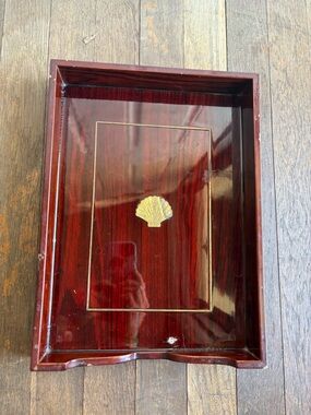 Lacquered Wood Serving Tray with Gold Shell Accent - Deep Mahogany
